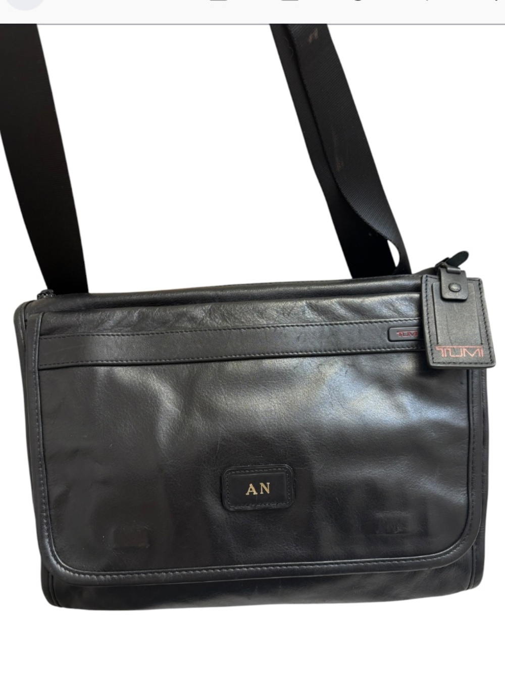 TUMI black leather large messenger bag
